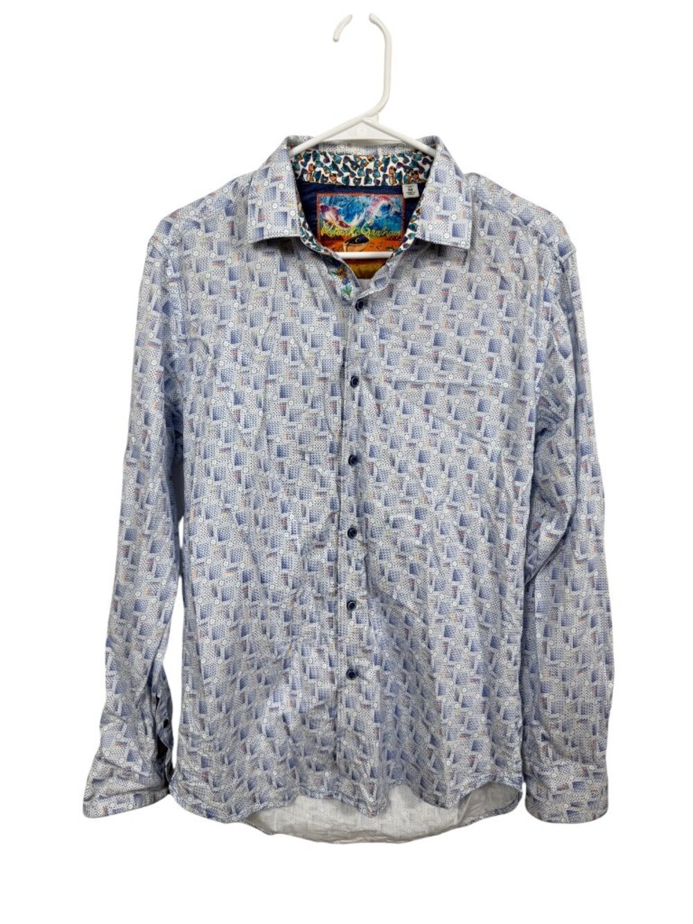 Robert Graham Button Up Shirt Mens Medium Blue White Printed Geo Sunglasses